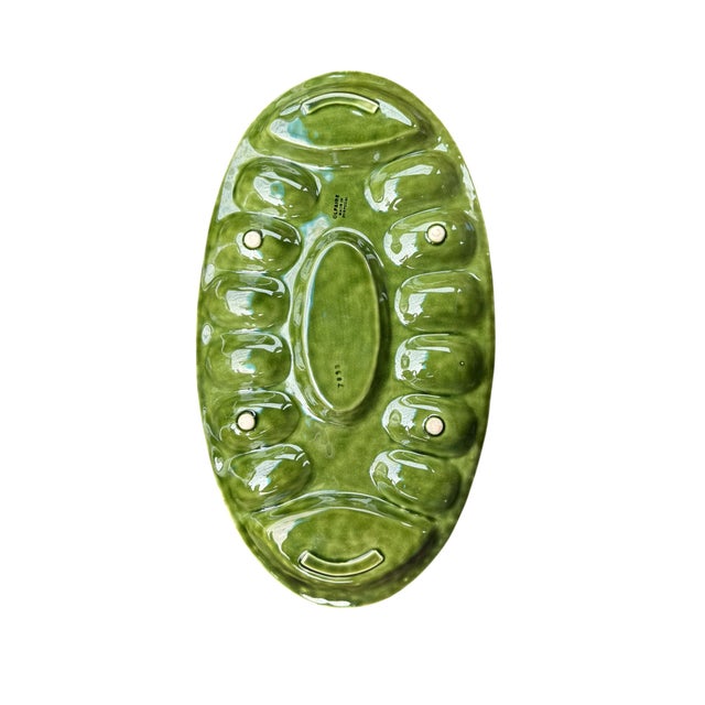 Vintage 1950's-1969's Portuguese majolica cabbage-leaf serving platter. 17.75” long x 10” wide x 1” deep Marked “OLFAIRE /...