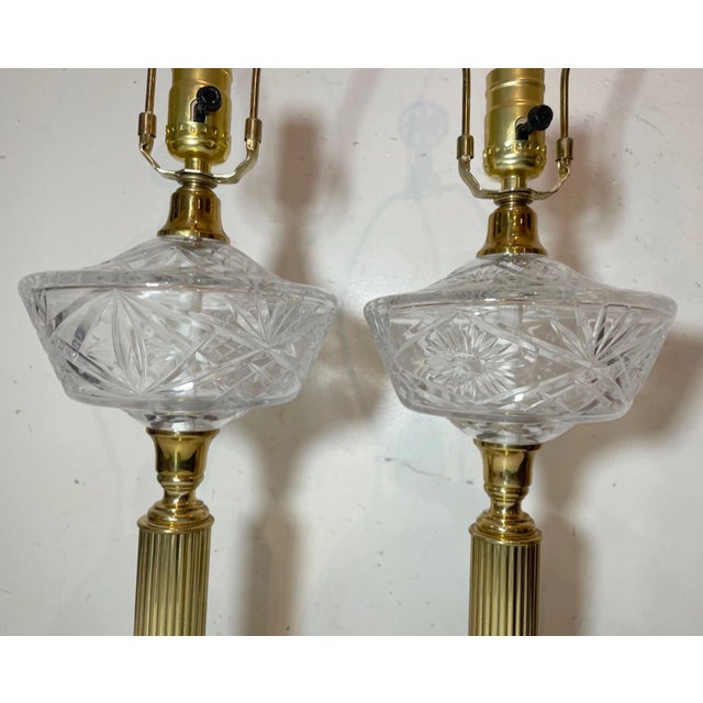 Brass Pair of Tall Vintage Brass Crystal Marble Electric Parlor Table Lamps Antique For Sale - Image 8 of 12