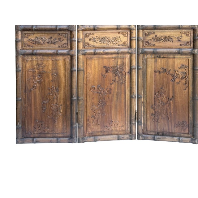 Vintage Finish Openwork Figural 4 Panels Wood Floor Screen Room Divider For Sale - Image 13 of 13