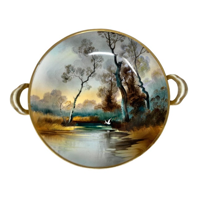 Hand Painted Noritake Nippon Footed Handled Bowl With Woodland Scene, C. 1910 For Sale