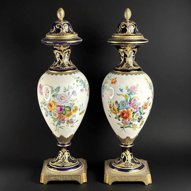French Lidded Porcelain Vases with Hand-Painted Floral Bouquets and Gilding in the style of Sèvres, 1900s, Set of 2 For Sale - Image 10 of 10