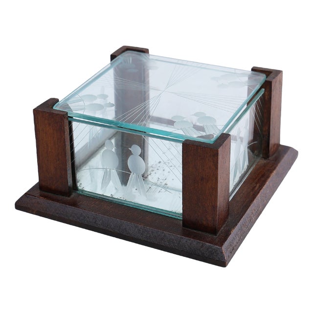 Art Deco Jewelry Box in Facet Cut Glass and Oak, 1930s For Sale