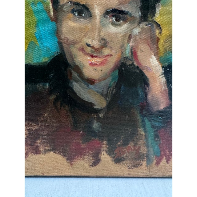 Vintage Mid Century Expressionist Male Portrait Original Oil Painting in Maroon, Ochre and Green For Sale - Image 12 of 12