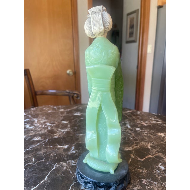 1980s Geisha Figurine Holding Flowers in Faux Jade For Sale - Image 6 of 12