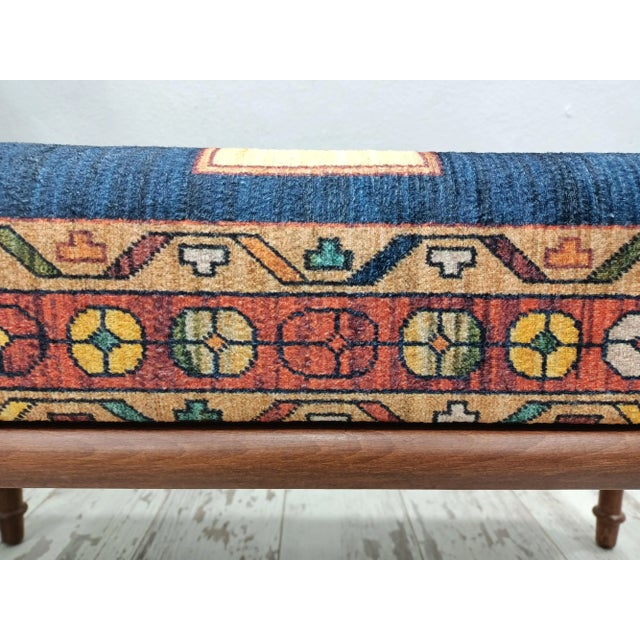 Art Deco Ink Blue Printed Rug Fabric Upholstered Ottoman Bench For Sale - Image 3 of 10