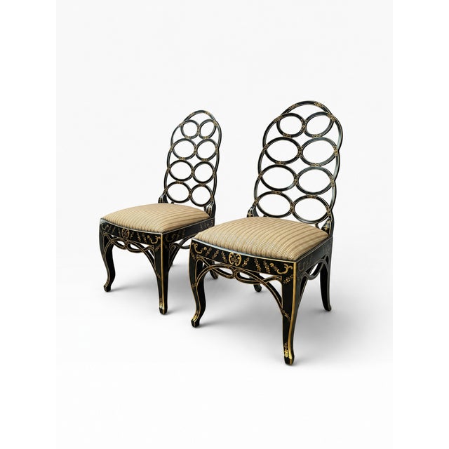 Century Furniture Pair of Century Furniture Black & Gold Chinoiserie Side Chairs For Sale - Image 4 of 18
