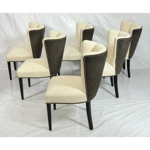 Wood Set of 6 Mid-Century Tuxedo Dining Chairs, Ebonized Wood, Brass Nailheads For Sale - Image 7 of 18
