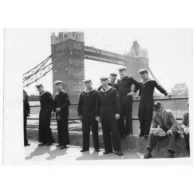 1961 black & white photo of the German Navy in front of the Tower of London in Great Britain. Publication information on...