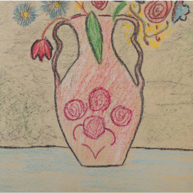 Mid-Century Modern 1940s Scandinavian Folk Art, Naive Drawing, Floral Still Life in Vase For Sale - Image 3 of 6