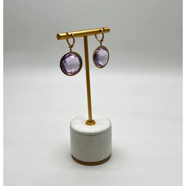 Violet Pink Amethyst Diamonds Halo Set 14k Yellow Gold Drop Unique Earrings, A Pair For Sale - Image 10 of 13