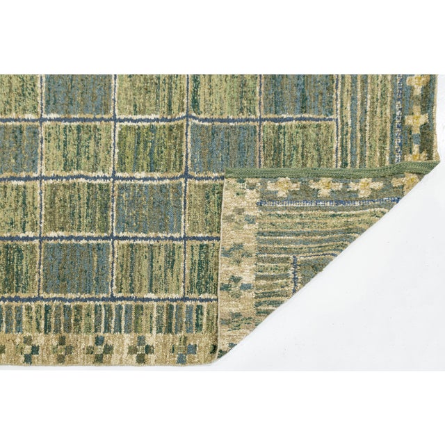 Contemporary Handmade Flatweave Rug Earthy Sage & Sky Blue Swedish Style Geometric Design For Sale - Image 3 of 10