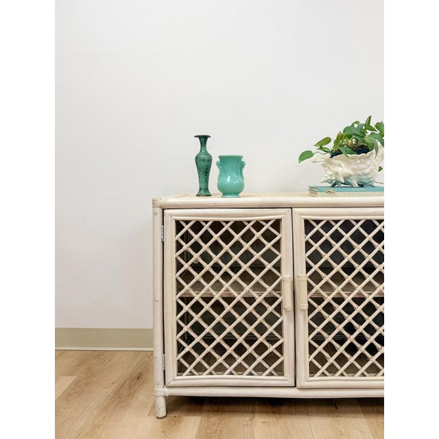 Vintage Cream Rattan Lattice Cabinet Coastal Tropical Hollywood Regency For Sale - Image 12 of 17