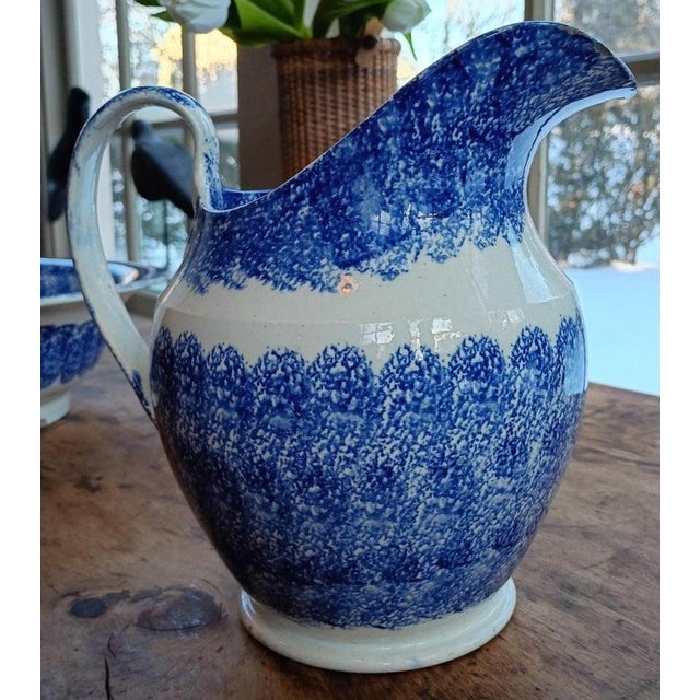 19thc Blue Spatter Ware Pitcher & Bowl Set For Sale - Image 4 of 6
