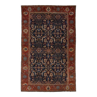 1880s Antique Floral Persian Sultanabad Wool Rug in Dark Blue For Sale