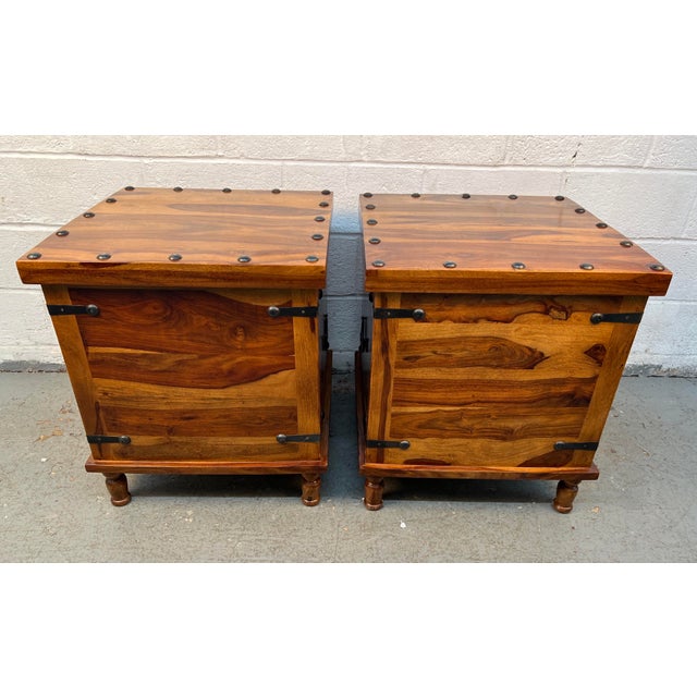 Late 20th Century Pair of Rustic Wood and Metal Storage Trunks W/ Lift-Top Lids For Sale - Image 9 of 15