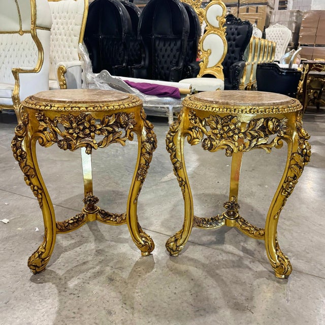 French-Style Gilded Side Table Set of 2 – Beige Marble Top With Gold Leaf Floral Details For Sale - Image 4 of 8