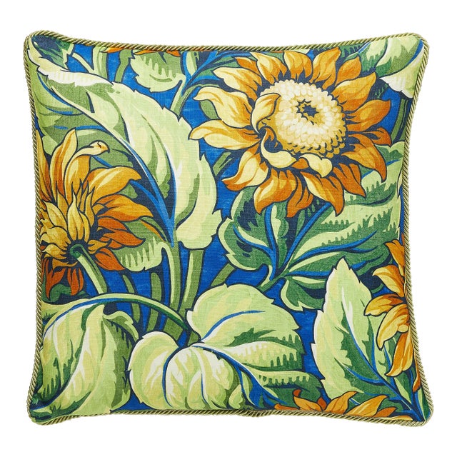 The House of Scalamandré Sunflower Print Square Pillow, Cobalt For Sale