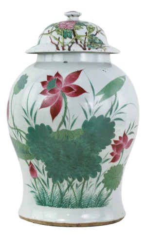 Antique Chinese Famille Rose Porcelain Ginger Jar With Lotus Pond and Water Lily Motif