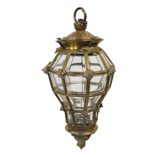 Early 20th Century Brass & Beveled Glass Lantern Pendant Light For Sale