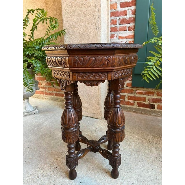 French Country Petite Antique French Octagon Side Table Renaissance Carved Oak C1900 For Sale - Image 3 of 12