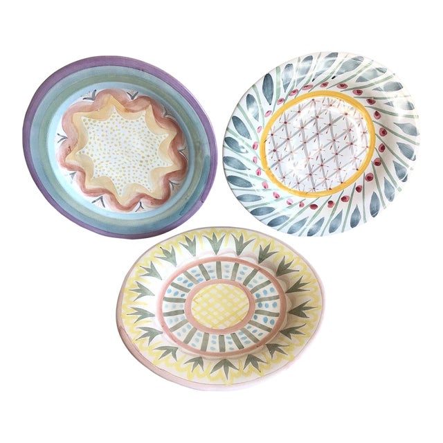 Vintage MacKenzie Childs Madison Hand Painted Pottery Dinner Plates - Set of 3 For Sale