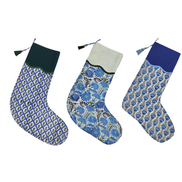 Handmade Blue Block Print Christmas Stockings, Set of 3 For Sale