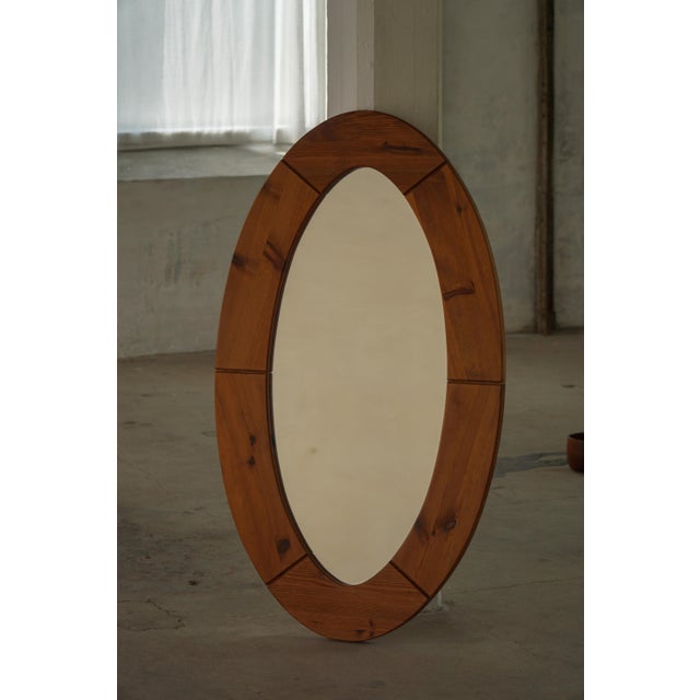 Large Oval Wall Mirror in Pine by Glasmäster Markaryd, Sweden, 1960s For Sale - Image 14 of 17