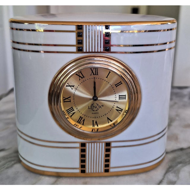 Antique White Lenox Art Deco Jeweled Essence Desk Clock For Sale - Image 8 of 9