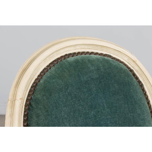 Antique French Louis XVI Style Painted Dining Chairs in Teal Mohair - Set of 8 For Sale - Image 16 of 18