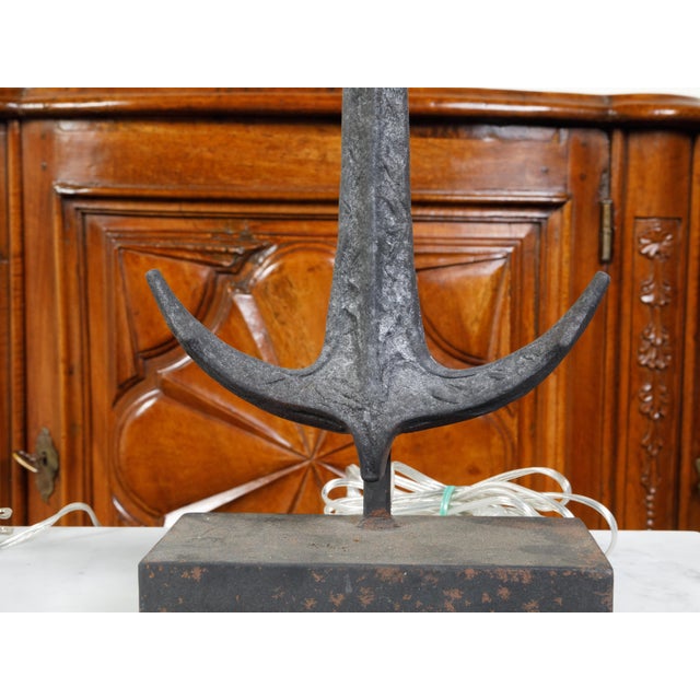 Nautical Pair of Iron Table Lamps with Anchors and Sailboats on Rectangular Bases For Sale - Image 3 of 8