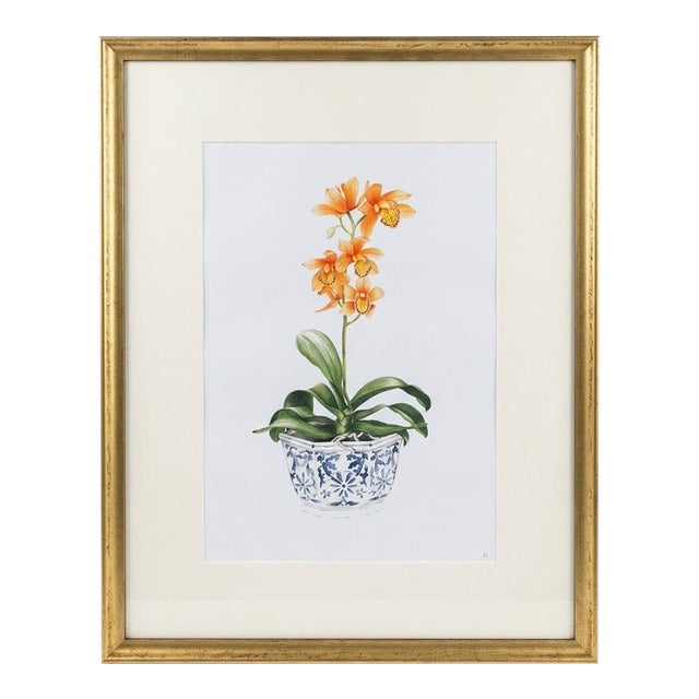 Vintage Framed Botanical Art Print: Orange Orchid in Chinoiserie Porcelain Planter For Sale