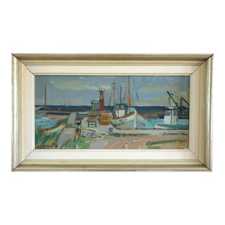 1956 Mid-Century Modern 'Harbour Light' Vintage Swedish Coastal Sea Landscape Oil Painting, Framed For Sale