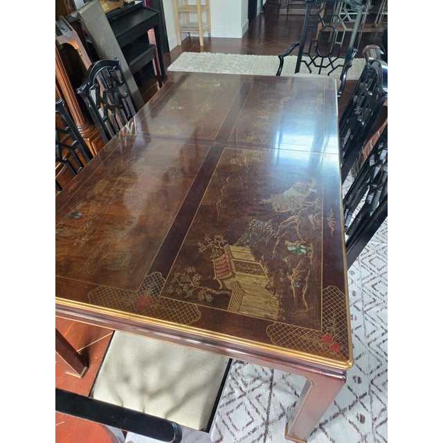 Mid-Century Modern 1960s Mahogany Henredon Chinoserie Dining Room Table and Chairs. Hand Painted Scenes on Each Section Including Leaves - Set of 9 For Sale - Image 3 of 9