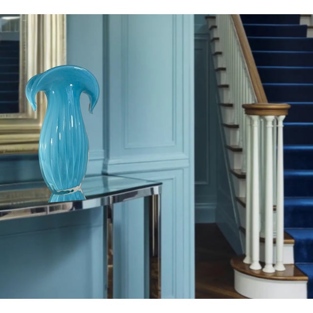 Art Glass Aqua Blue Vase Crescent Clam Lip Fluted Vase For Sale - Image 14 of 17