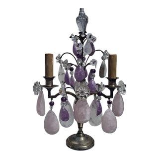 19th Century Opulent French Louis XV Huge Natural Rose Quartz, Amethyst and Clear Quartz Rock Crystal Girandole, Table Lamp For Sale