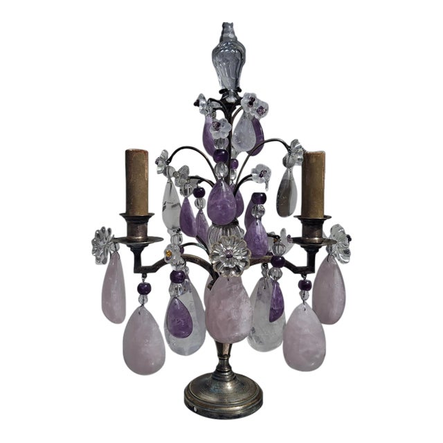 19th Century Opulent French Louis XV Huge Natural Rose Quartz, Amethyst and Clear Quartz Rock Crystal Girandole, Table Lamp For Sale