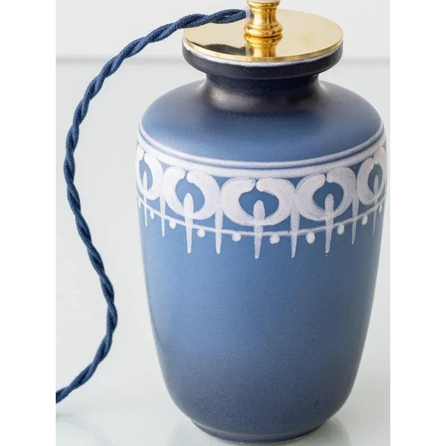 Vintage Blue and White Ceramic Table Lamp with New Liberty London Lampshade For Sale - Image 3 of 12