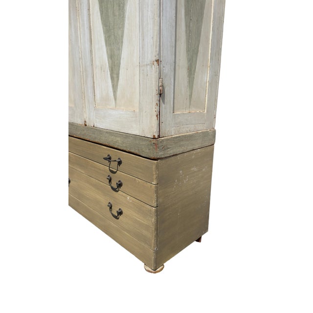 Wood Antique Gustavian Style Painted Armoire With Painted Diamond Panels & Coral Interior For Sale - Image 7 of 14