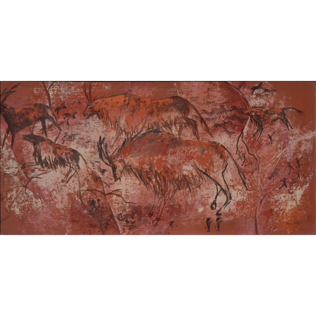 A wonderful mid-century interpretation of prehistoric, Paleolithic cave paintings; done in reddish earth tones and rich in...