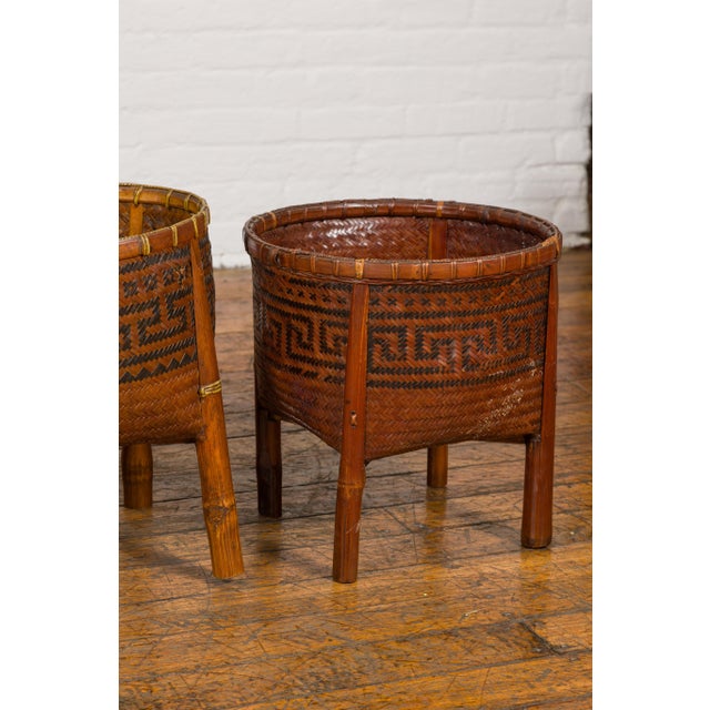 Wood Mid 20th Century Woven Rattan Basket on Legs with Greek Key Motifs For Sale - Image 7 of 12