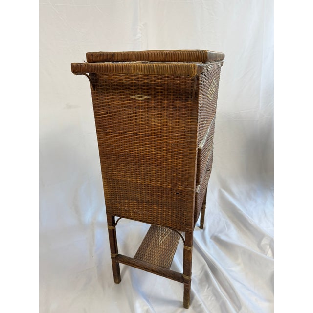 Traditional Antique Victorian Wicker Rattan Sewing Stand | Lift-Top Toile Lined, Two Drawers | Edwardian Work Table, 31in For Sale - Image 3 of 18