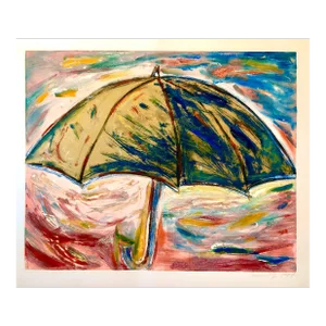 Helen Oji, Umbrella, Monotype with Hand Painting, Glitter, Asian American Art, Woman Artist, 1987