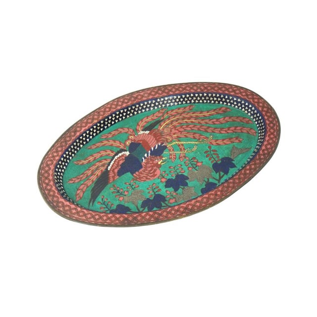 Green Antique Early Meiji Japanese Cloisonne Phoenix Bird Tray For Sale - Image 8 of 9