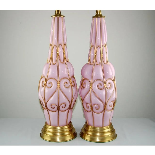Mid-Century Modern Marbro Murano Glass Caged Lamps Pink For Sale - Image 3 of 9