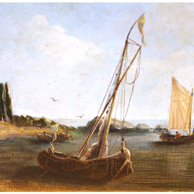 Sky Blue 19th Century French Coastal Marine Oil Painting of Fishing Boats in Gilt Frame For Sale - Image 8 of 11