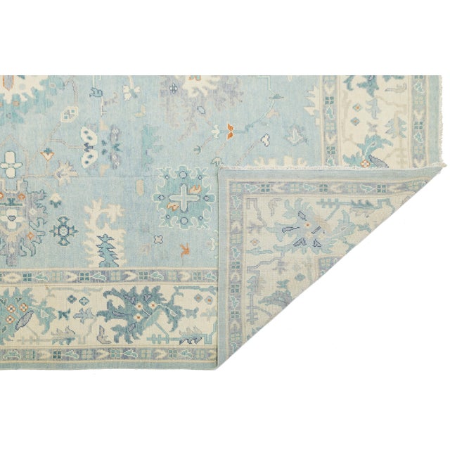 Modern Hand-Knotted Modern Oushak Wool Rug in Soft Sky Blue, Cream & Muted Teal For Sale - Image 3 of 12