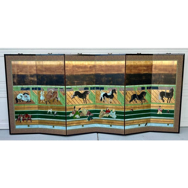 Gold Early 20th Century Japanese Edo Style Six Panel Screen Horses in Stable For Sale - Image 8 of 12