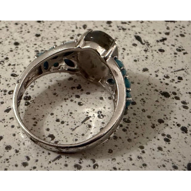 Art Deco 1970s KHR India Sterling Silver Bronzite and Turquoise Ring Size 11 Signed For Sale - Image 3 of 5