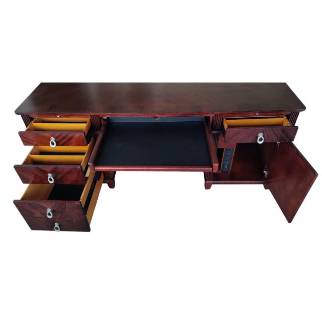 Restored French Art Deco Executive Desk | 72" Sunburst Veneer Pedestal Desk For Sale - Image 14 of 16
