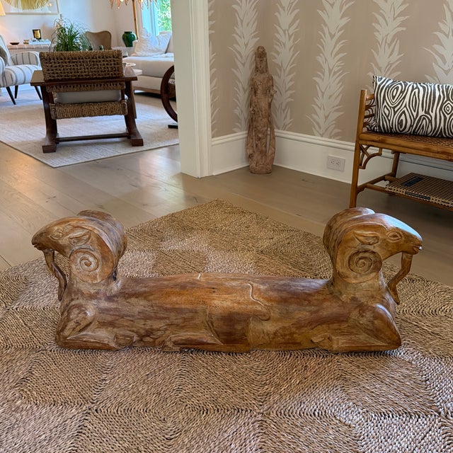 Wood Vintage Hand Carved Wooden Double Headed Ram Sculpture For Sale - Image 7 of 10